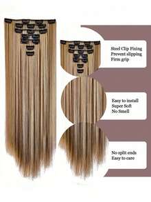 7pcs/Set 16" Clip-In Hair Extensions, Black Straight Long Ombre Synthetic Wigs, Heat Resistant Fiber For Women