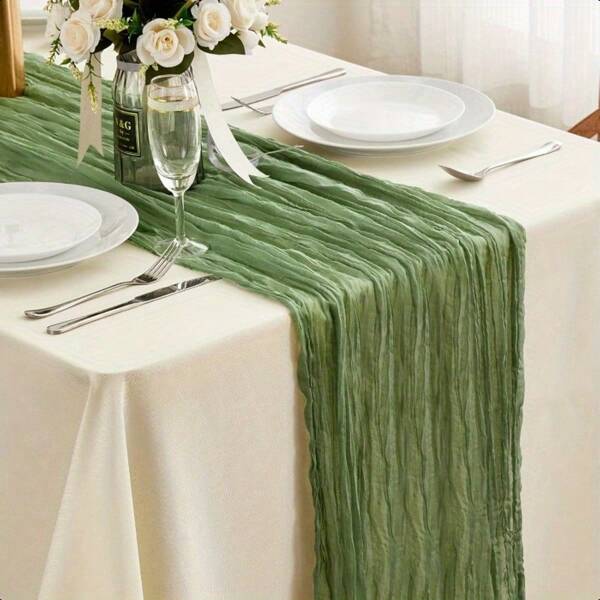 5pcs Wrinkle Table Runner, Coarse Cloth Backing, Gauze Tablecloth, Bohemian Country Decoration For Wedding, Reception, Bridal Shower, Holiday, Party (Green)