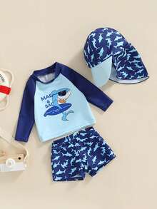 Toddler Swimsuit Boy 3 Pieces Rash Guard Set Shorts And Sun Hat Swimwear Baby Bathing Suit Sunsuit Swim Shirt UPF 50+ - Baby Blue - View 2