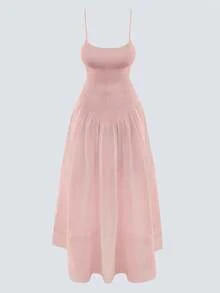 Solid Color Slimming Waistline Pear Shaped Blindly Wear Summer Beach Resort Dress For Women - Pink - View 4