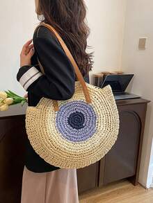 1 件新款度假风格撞色编织手提包，大容量沙滩包，单肩包，适合旅行和度假，可折叠且轻便