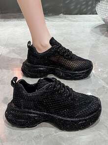 全水钻网眼透气女式运动鞋，2025 年新款夏季时尚水晶闪光厚底休闲鞋，闪亮坡跟厚底运动鞋