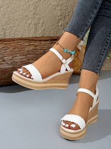 Sandalias de plataforma tejidas para mujer, zapatos de playa casuales de punta abierta con suela gruesa, sandalias cómodas con correa de hebilla, sandalias de verano - Blanco - Ver 6