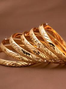 1/3/6pcs Traditional Sand Gold Handcrafted Carved Lotus Flower Open Bangle, 24K Gold Plated, Suitable For Women's Daily Wear And Gift, No Box - Yellow Gold - View 4