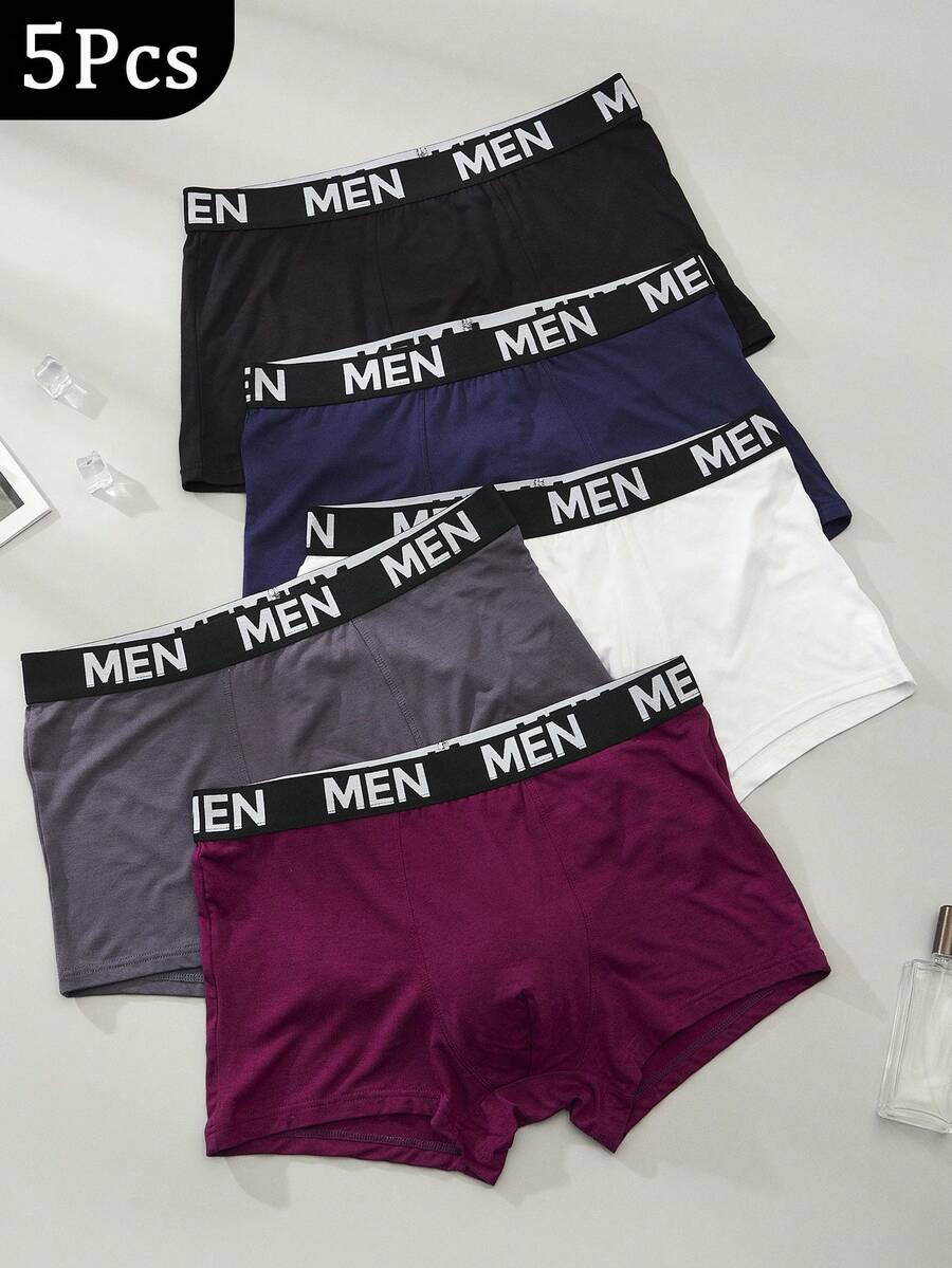 HIALEGION 5 Pcs Men's Multicolor Briefs Letter Waistband Sports Casual Style Simple Skin-Friendly Comfortable Boxer Shorts - Multicolor - View 1