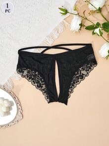 1 件女士性感蕾丝内裤弹力腰带黑色丁字裤镂空设计情侣时尚内衣开裆裤诱惑棉质裆部黑色内衣基础款，狂野
