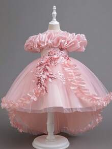 Young Girl Lace Beaded Petal Elegant Ombre Mini Dress, Flower Girl Wedding Party Princess Long Gown - Pink - View 3