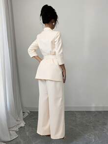 Conjunto dama blazer con cinturón con cuello en V pantalones con bolsillo oblicuo - Albaricoque - Ver 2