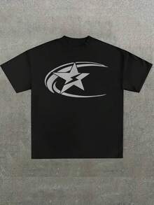 Plus Size Men's,Y2k Plus Star Print Tee ,(1 Pcs )100% Cotton Casual Printed T-Shirt,Crew Neck Short Sleeve,220g  Cotton T-Shirt,For Going Out,Gift,Summer,Unisex - 黑色 - 查看 1