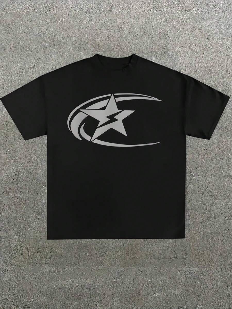 Plus Size Men's,Y2k Plus Star Print Tee ,(1 Pcs )100% Cotton Casual Printed T-Shirt,Crew Neck Short Sleeve,220g  Cotton T-Shirt,For Going Out,Gift,Summer,Unisex - 黑色 - 查看 1