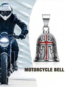 1 pieza Campana estilo retro punk Guardián para motocicleta, campana de la suerte con cruz, ala de ángel y caballero, accesorio de metal para motocicleta