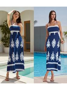 Women's Long Cami Dress Retro Print Sleeveless Spaghetti Strap Flowy A Line Dress With Pockets - Blue - View 6