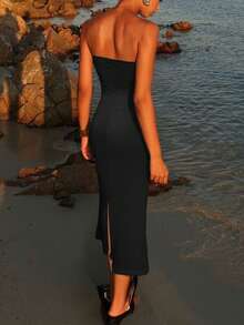 女士性感镂空抹胸海星金属装饰紧身连衣裙，露背Y2K优雅晚宴派对婚礼宾客鸡尾酒礼服，别致镂空设计连衣裙，春夏秋季 - 黑色 - 查看 5