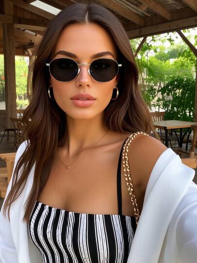 女士偏光太阳镜，复古椭圆金属时尚眼镜，经典风格装饰，适合户外运动、骑行、旅行、海滩、驾驶、钓鱼、夏季防紫外线，时尚遮阳优雅装扮，家庭出游，旅行度假，适合夏季海滩度假、户外、旅行