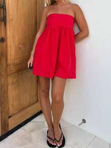Women Tube Dress Solid Color A-Line Dress Strapless Dress Summer Backless Mini Dress - 紅色 - 查看 3