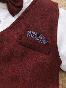 4 Stück 2025 Frühling/Sommer Jungen Formelle Kleidung - Weißes Kurzarmhemd, Fliege + Burgunder Weste und Shorts, modischer junger Herrenanzug für Geburtstagsfeiern, Hochzeiten, Weihnachten, Feiertage, Outdoor-Auftritte. Kragen Design, atmungsaktive Kinderformalbekleidung, Frühlings-/Sommerparty Outfit, Jungenanzug für Hochzeiten