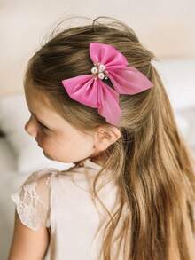 14pcs/Set Girls Rhinestone & Pearl Flower Solid Color Mesh Bow Hair Clips, Simple Princess Cute Hair Accessories, Daily Use - Multicolor - View 7