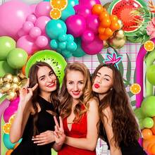 117 Stücke Tropisch Hawaiianischer Luftballon Bogen Dekor Set, grün, rosa, orange, goldener hawaiianischer Stil mit Wassermelonen- und Orangenform Folienballons, geeignet für Strandparty, Geburtstag, Pool Dekoration - Verschiedenfarbig - Übersicht 4