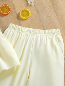 Set 2 buc. fete, top și pantaloni cu mânecă scurtă brodați cu flori colorate, ținută casual confortabilă pentru exterior/sărbători/zi de naștere, vară - Caisă - Vizualizare 9