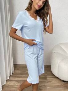 Bộ đồ ngủ áo ngắn tay phối ren màu tương phản dành cho nữ và quần short, phù hợp cho mùa xuân, mùa hè, màu xanh nhạt mát mẻ - Màu xanh lam - Xem 4