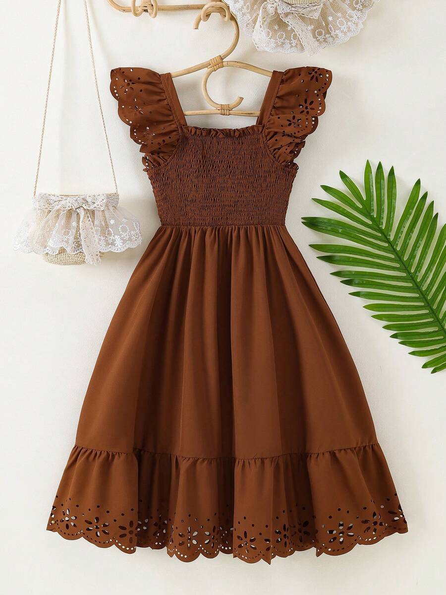 Tween Girls' Solid Color Shirred Floral Ruffle Hem Casual Dress - Brown - View 1