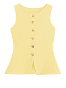 Vintage Chic Fashionable Elegante Metal Botão Frente Aberta Cor Sólida Sem Mangas Gola Redonda Jaqueta de Negócios Colete de Trabalho Slim Modesto Minimalana Casual Top Regata Colete de Malha Suéter para Mulheres