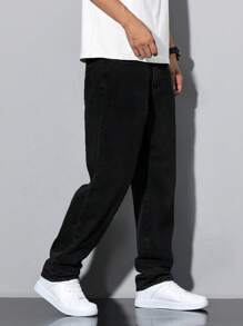 Cotton Straight Leg Washed Jeans With Slanted Pockets, Versatile Wide-Leg Washed Jeans, Loose Straight Fit Couples Style