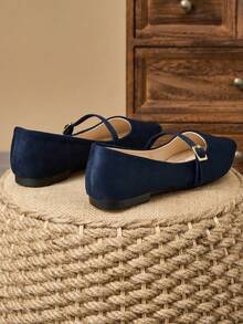 WHDXY 1 双女士尖头平底鞋，软皮休闲办公工作鞋，百搭乐福鞋，低帮软底仙女款平底一脚蹬高跟鞋 - 藏蓝色 - 查看 3