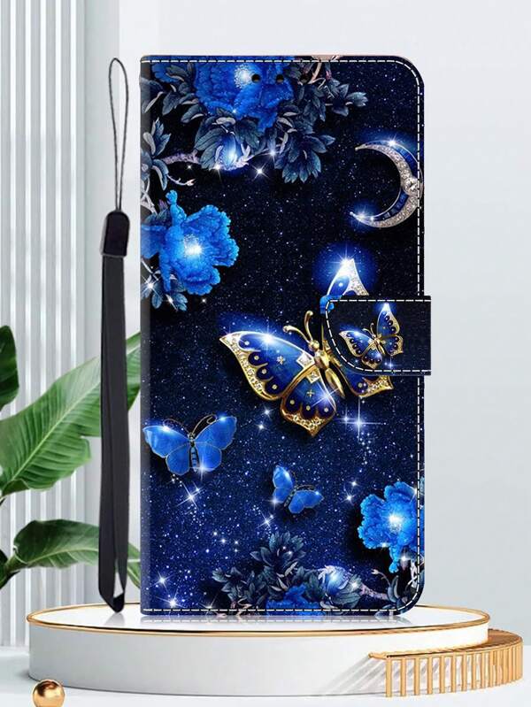 GLANDOTU Compatible With Samsung Galaxy Redmi Creative Colourful PU Leather Mobile Phone Wallet With Blue Butterfly Pattern Design, Double Folded Edge, Card Slot And Card Holder With Lanyard