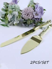 1 Set Gold Elegant Cake Knife And Shovel Set, Cake Server And Knife Set Of 2 With Stainless Steel Plated Thick Blades, Cake Cutting Set For Wedding, Birthdays, Anniversaries, And Parties - Multicolor - View 3