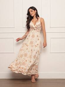 Women's Long Dress In Dune Fabric Print - Màu be - Xem 4