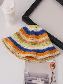 1pc Women's Summer New Knitted Rainbow Woven Bucket Hat, Fashion Versatile Breathable Sun Hat, Suitable For Outdoor Travel And Strolling - Ten Color Rainbow Straw Hat - View 13