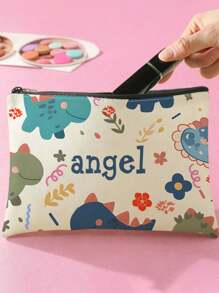 1pc Customizable Cute Dinosaur Print Double-Sided Travel Makeup Cosmetic Bag, Zipper Pouch, Wallet, Storage Bag - Excellent For Teenager Skincare Storage, Customized According To Your Name
