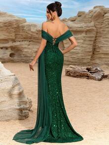 Elisanya 女士新款亮片正式晚礼服，不对称肩部网眼缎带露肩长裙，派对礼服，婚礼宾客礼服