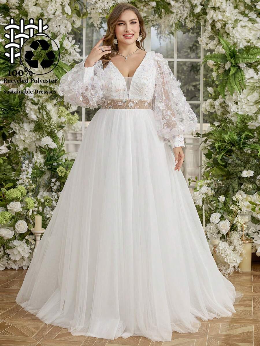 UNITHORSE Fabric Plus Size V-Neck Top Hollow Out Design Lace Embroidery Splicing Tulle White Wedding Dress Evening Gown Dress, White Dress,Bride