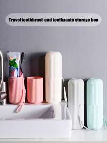 1 pièce Nouvelle boîte de rangement créative en plastique portable pour brosse à dents et dentifrice, organisateur de voyage multifonctionnel, support de trousse de toilette pour le voyage, peut également ranger des ustensiles, une tasse de toilette rayée, convient pour le voyage, les vacances, le voyage d'affaires, le camping, la gym, le yacht, les essentiels de vacances, les accessoires de voyage, les sacs de voyage, les fournitures scolaires de rentrée