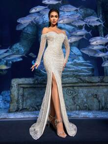 Faeriesty Đầm dạ hội trễ vai đính cườm sang trọng với đường xẻ tà đuôi cá và tay áo voan mỏng - Thiết kế đính sequin tinh tế dành cho đám cưới, sự kiện thảm đỏ, tiệc trang trọng và các buổi hợp tác với thương hiệu cao cấp, thanh lịch, thích hợp cho kỳ nghỉ xuân. - trắng - Xem 9