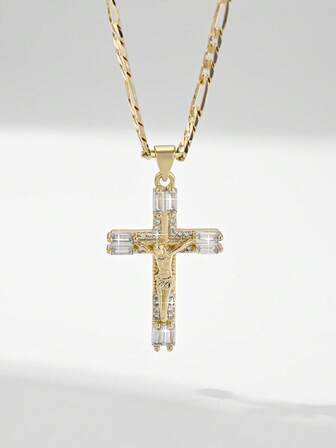 1pc Copper Jesus Cross Pendant Necklace, Suitable For Christmas/Thanksgiving/Halloween/Mother's Day/Valentine's Day, Gifts For Couples, Friends, Church Members, Catholic First Communion, Everyday & Holiday Wear