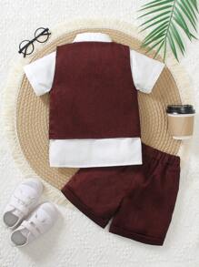 4 Stück 2025 Frühling/Sommer Jungen Formelle Kleidung - Weißes Kurzarmhemd, Fliege + Burgunder Weste und Shorts, modischer junger Herrenanzug für Geburtstagsfeiern, Hochzeiten, Weihnachten, Feiertage, Outdoor-Auftritte. Kragen Design, atmungsaktive Kinderformalbekleidung, Frühlings-/Sommerparty Outfit, Jungenanzug für Hochzeiten