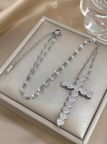 1Pc Elegant Luxe Cross Charms Heart Zirconia Necklace For Women Men Couples, Halloween Christmas Mom Gift Thanksgiving Wedding Jewelry Gift For Anniversary Valentine's Day Boho Jewelry Daily Party