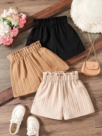 3pcs Young Girl Casual Elastic Waist Solid Color & Striped Ruffle Hem Summer Shorts, Comfortable Spring & Summer