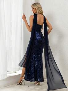 NIKBK Fall Clothes Plus Size Or Women Autumn Women's One Shoulder High Slit Deep V Black Sequins Rhinestones Slim Fit Long Dress Wedding Bridesmaids Guests Wear Festival - Black - View 3