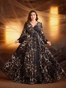 女士V领豹纹长袖系带灯笼袖优雅连衣裙，春假必备 - 彩色 - 查看 4