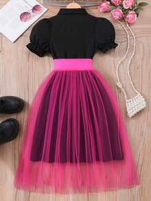 Tween Girls' Solid Color Short Sleeve Collar Waist Tie Mesh Panel Dress - Màu Hồng Tươi - Xem 2