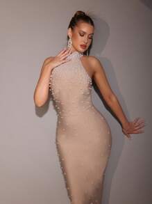 Modphy New Heavy Industry Pearl Bead Halter Neck Sleeveless Tight Sexy Long Bandage Dress Elegant Ladies Formal Dinner Dress Fashion Birthday Party Ladies Formal Dinner Carnival Easter Dress, Gown, For Evening, Wedding Guest