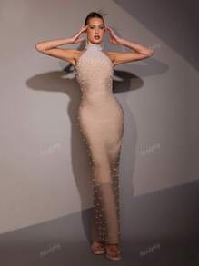 Modphy New Heavy Industry Pearl Bead Halter Neck Sleeveless Tight Sexy Long Bandage Dress Elegant Ladies Formal Dinner Dress Fashion Birthday Party Ladies Formal Dinner Carnival Easter Dress, Gown, For Evening, Wedding Guest