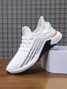 Hombres De Malla Transpirable Cómodo Ligero A Rayas Casual Zapatillas De Deporte,Punta Redonda De Encaje Hasta Zapatillas De Tenis De La Pareja,Adecuado Para Todos Los Días De Viaje,viajes,deportes - Blanco - Ver 1