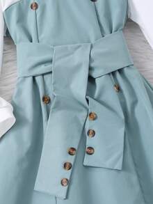 女童长袖领扣拼布拼色连衣裙 - 綠色 - 查看 5