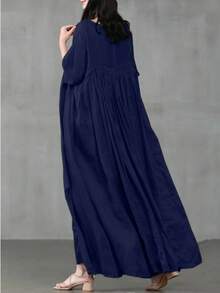 女式纯色圆领七分袖褶皱休闲长裙