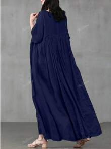 Women's Solid Color Round Neck 3/4 Sleeve Pleated Casual Long Dress